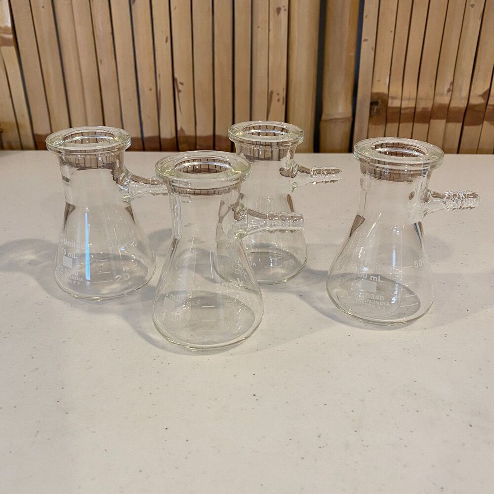 Lot of 4 United 50 mL Vacuum Filter Flasks FG 5340 Sidearm Lab Glassware